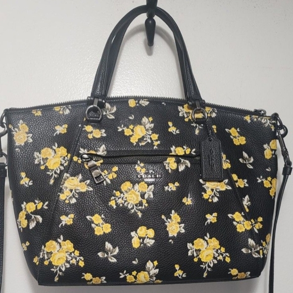 Coach Black Leather Satchel with Yellow Floral Print - Picture 3 of 6